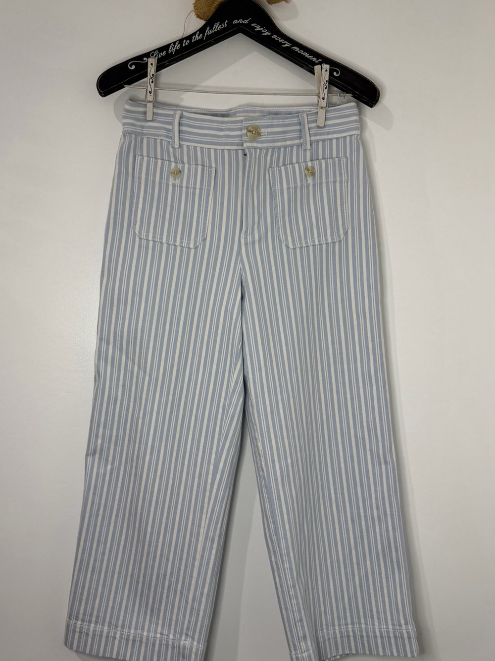 LOFT Light Blue and White Striped Wide-Leg Jeans